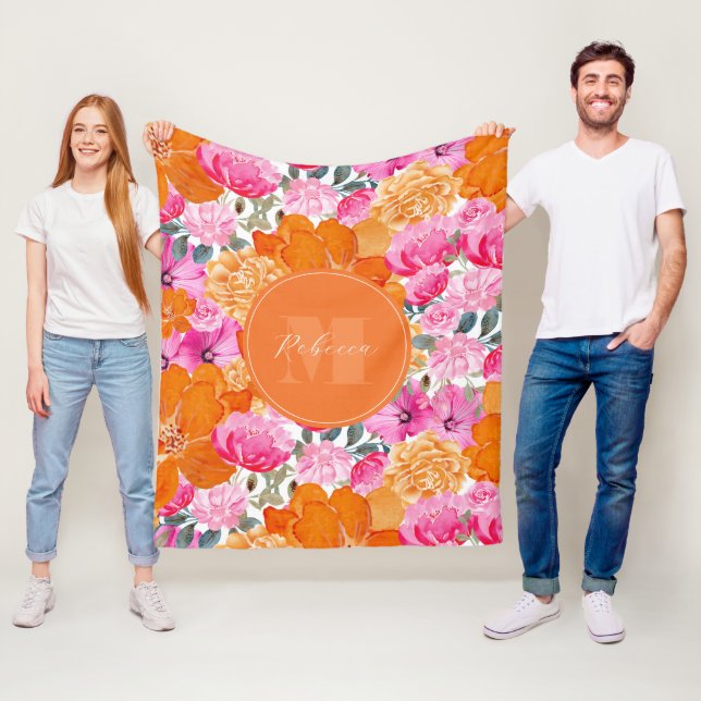 Couverture Polaire Jardin floral rose et orange vibre Nom personnalis (En situation)