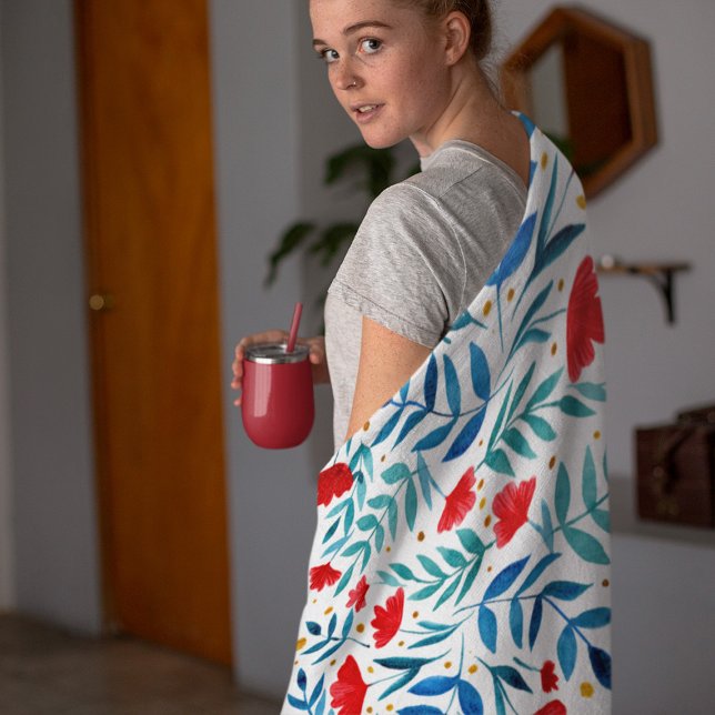 Couverture Polaire Jardin magique - rouge et turquoise. (Créateur téléchargé)