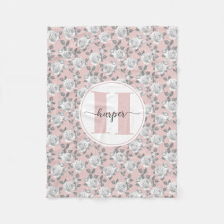 Couverture Polaire Jardin rose Monogramme rose