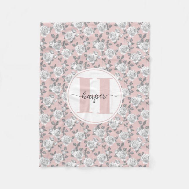 Couverture Polaire Jardin rose Monogramme rose (Devant)
