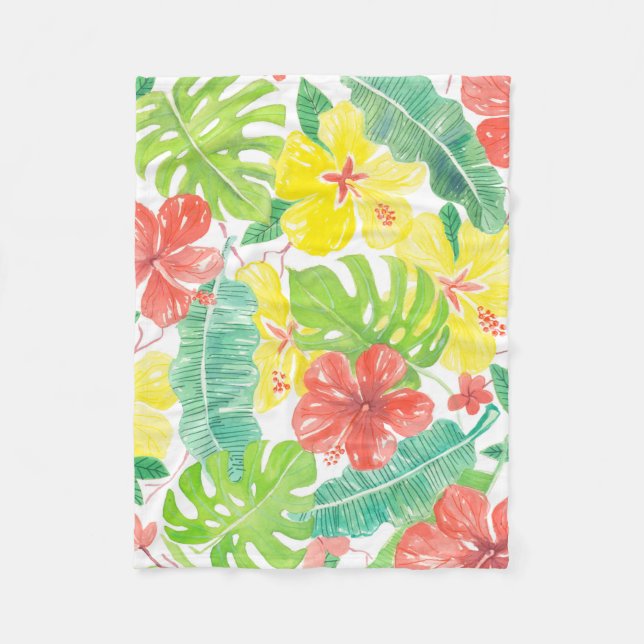 Couverture Polaire Jardin tropical, plumeria hibiscus et feuilles de  (Devant)