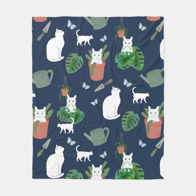 Couverture Polaire Jardinage Chats Plantes blancs Kitty sur une couve (Devant)