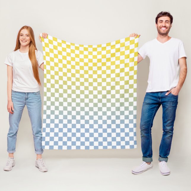 Couverture Polaire Jaune à bleu clair À damiers Motif (En situation)
