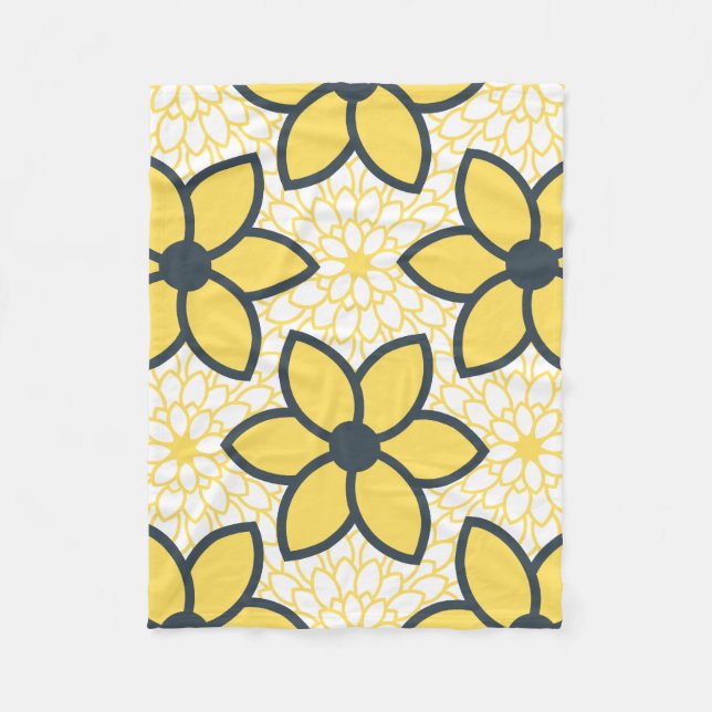 Couverture Polaire Jaune, blanc et charbon de bois Floral moderne (Devant)