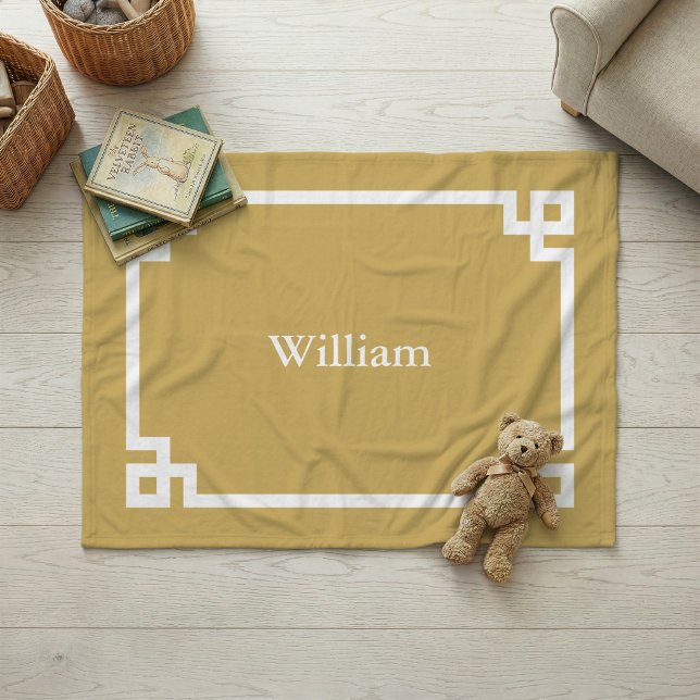 Couverture Polaire Jaune Moutarde et Clé Grecque Monogramme Blanc (Créateur téléchargé)
