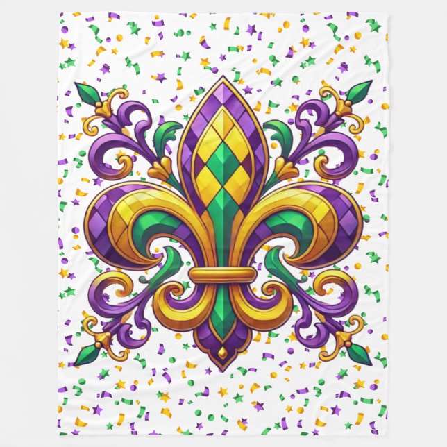 Couverture Polaire Jaune violet vert Mardi Gras fleur de lis (Devant)