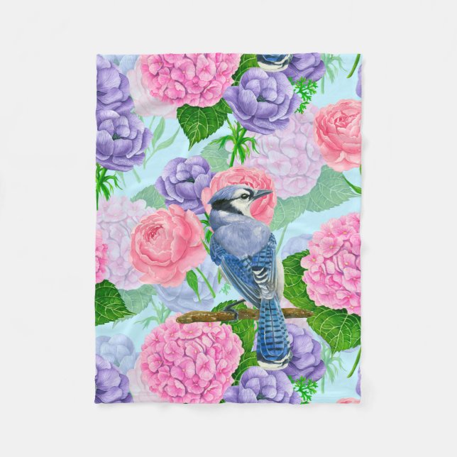 Couverture Polaire Jay bleu et fleurs motif aquarelle (Devant)