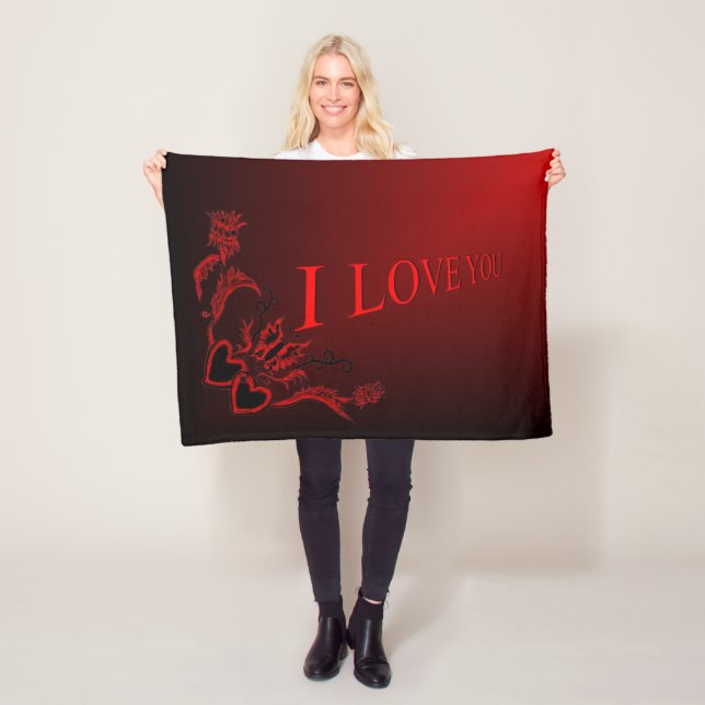 Couverture Polaire Je t'aime, Coeur avec Fleur et Papillon (En situation)