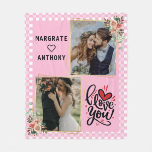 Couverture Polaire Je t'aime Script photo rose et blanc personnalisée