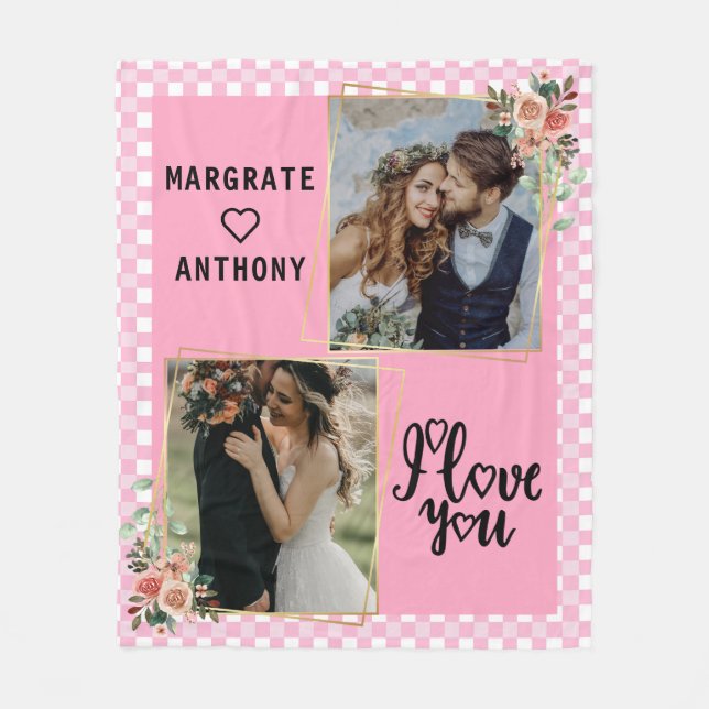 Couverture Polaire Je t'aime Script photo rose et blanc personnalisée (Devant)