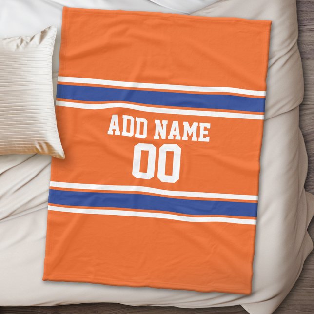 Couverture Polaire Jersey de sport personnalisé orange et bleu (Personalized fleece blanket - Sports Theme)