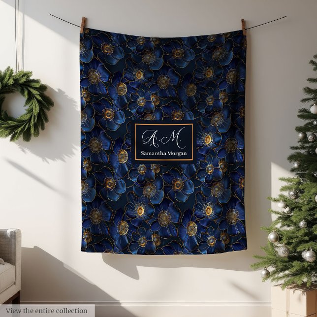 Couverture Polaire Jeté Royal Bleu Monogram Fleurs Dorées Modernes (Monogram Royal Blue Throw Modern Gold Flowers)