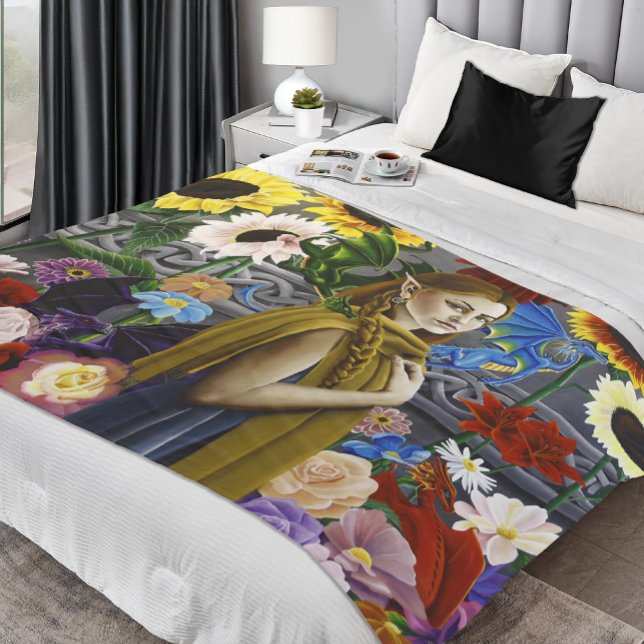 Couverture Polaire Jeune Fée Dragon Enchantée Jardin Fleur Fantasy (Créateur téléchargé)