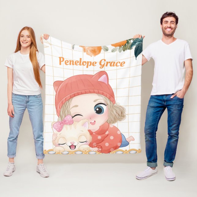 Couverture Polaire Jeune fille et chat Roses orange + Nom personnalis (En situation)