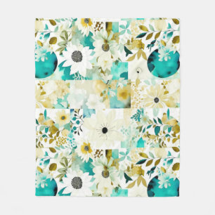 Couverture Polaire Joli Art folklorique Fleurs blanches et turquoise