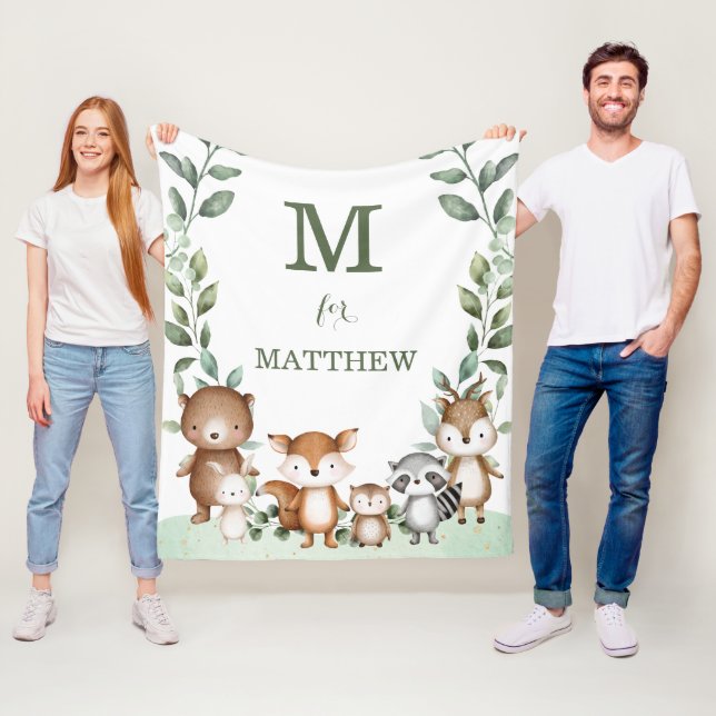 Couverture Polaire Joli Bois Animaux Végétation Monogramme Bébé (En situation)