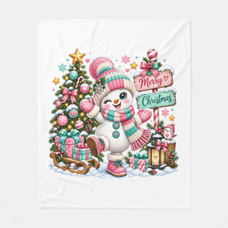 Couverture Polaire Joli Bonhomme de Neige Rose de Noël