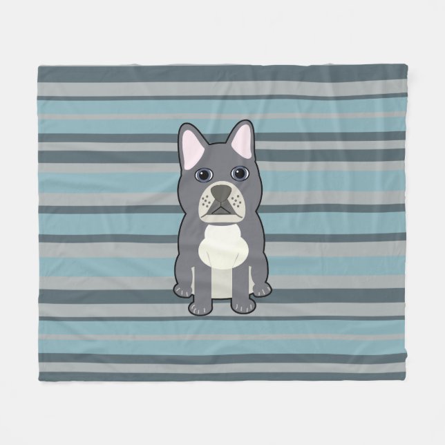 Couverture Polaire Joli Bouledogue Français rayé bleu (Devant (Horizontal))
