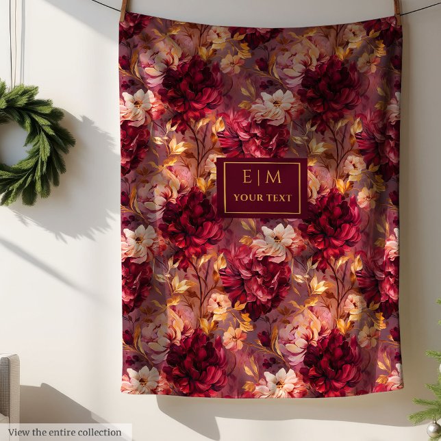 Couverture Polaire Joli Brousse Bourgogne Or Aquarelle Florale (Pretty Blush Burgundy Gold Watercolor Floral Fleece Blanket)