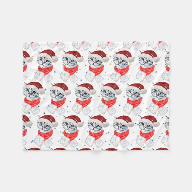 Couverture Polaire Joli Chat Gris Tabby de Noël Aquarelle (Devant (Horizontal))