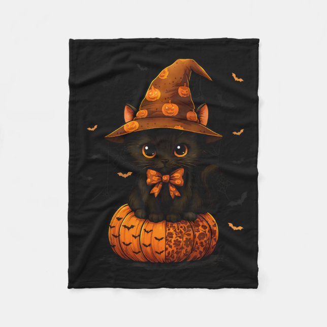 Couverture Polaire Joli Chat Noir Citrouille Saison Automne (Devant)