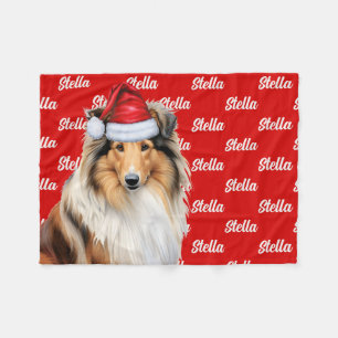 Couverture Polaire Joli Collie Nom du chien Motif Rouge Noël
