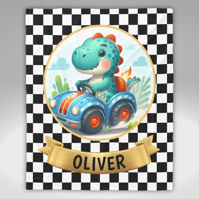 Couverture Polaire Joli dinosaure conduisant une voiture de course (Créateur téléchargé)
