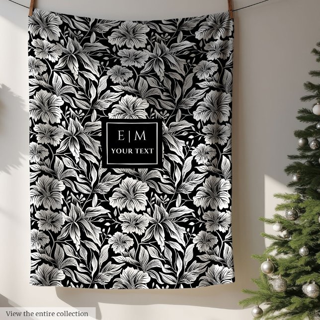 Couverture Polaire Joli enveloppement fleuri noir et blanc (Charming black and white flowers fleece wrap)