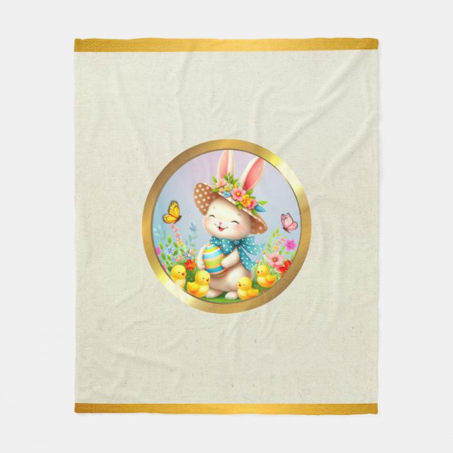 Couverture Polaire Joli lapin de Pâques et joyeuses fleurs de printem (Devant)