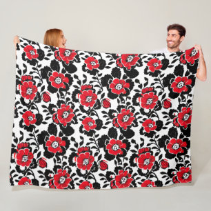 Couverture Polaire Joli motif floral en rouge, noir et blanc