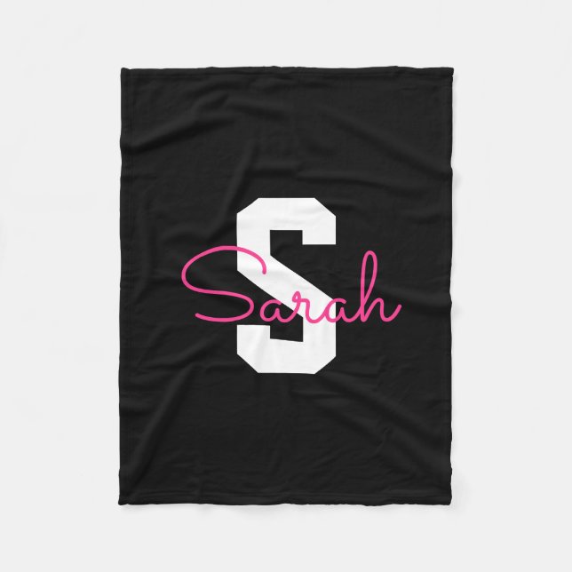 Couverture Polaire Joli nom et monogramme | Noir Blanc et Rose (Devant)