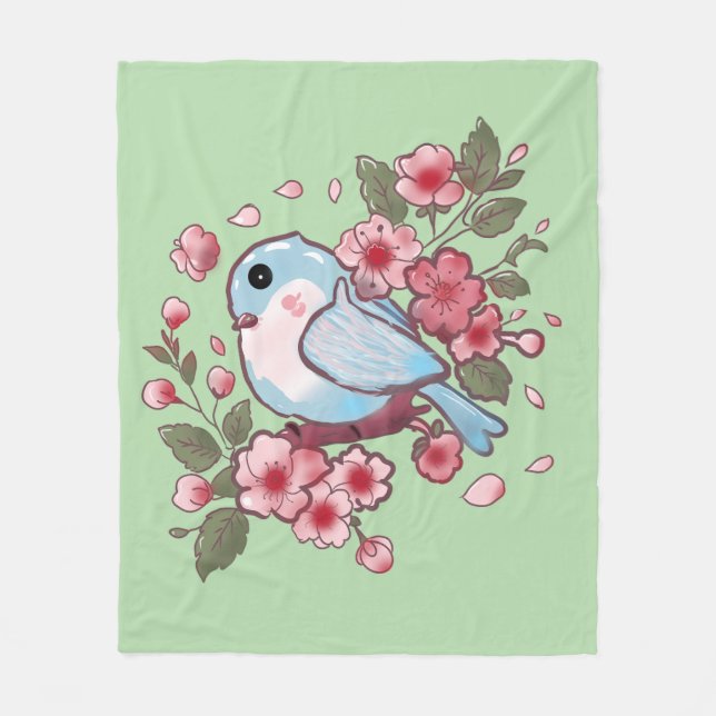 Couverture Polaire Joli oiseau bleu de printemps et aquarelle de fleu (Devant)