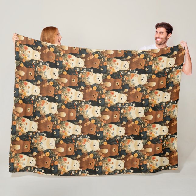 Couverture Polaire Joli Ours Dans le Pré de Fleurs Motif (En situation)