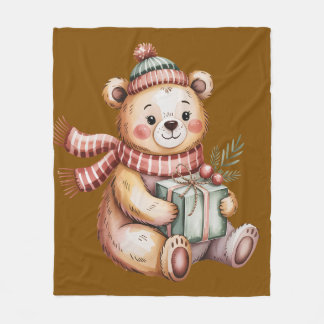 Couverture Polaire Joli ours en peluche de Noël tenant un cadeau en a