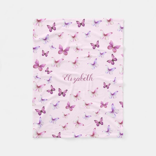 Couverture Polaire Joli Papillons rose Nom personnalisé Fille (Devant)