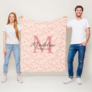 Couverture Polaire Joli Pastel Rose Coeur Motif Script Monogramme