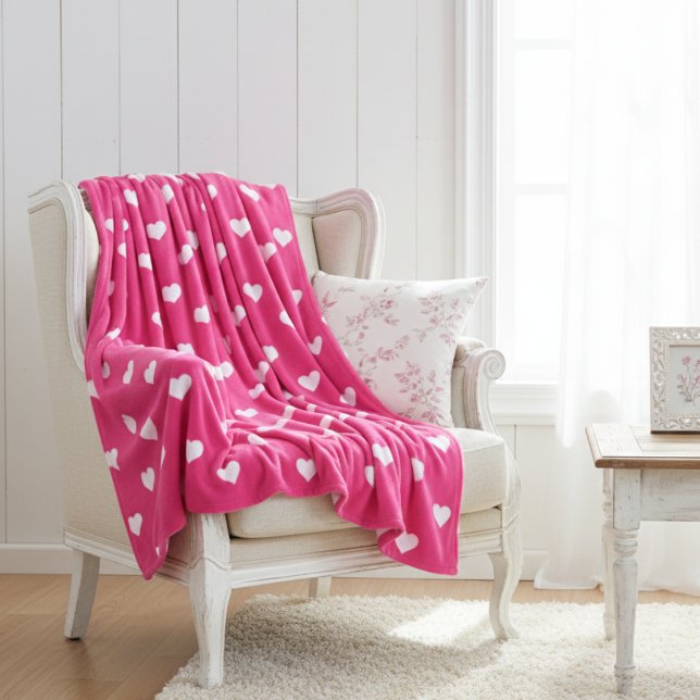 Couverture Polaire Joli rose chaud avec des cœurs blancs (Cute Hot Pink with White Hearts Fleece Blanket)
