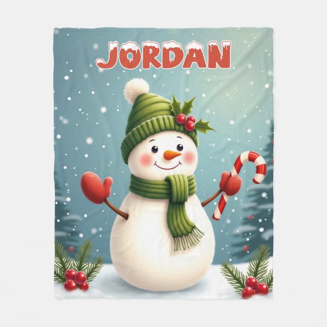 Couverture Polaire Joli Snowman Design de Noël avec nom personnalisé (Devant)