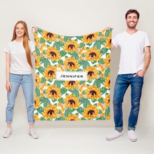 Couverture Polaire Joli tournesol Jaune et Motif vert (En situation)