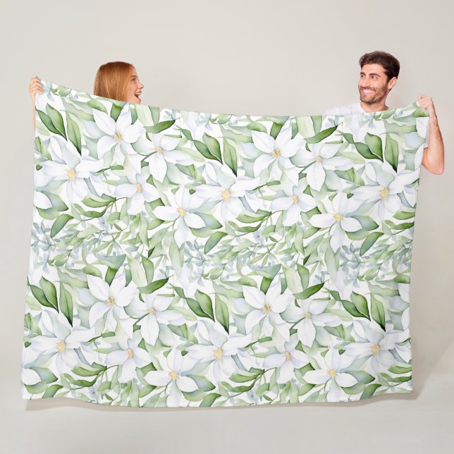 Couverture Polaire Jolie aquarelle Fleurs blanches Sage Vert Foliage (En situation)