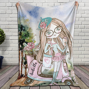 Couverture Polaire Jolie fille Scooter Doodle Nom personnalisé