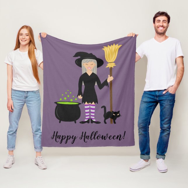 Couverture Polaire Jolie Fille Sorcière Et Chat Texte Joyeux Hallowee (En situation)