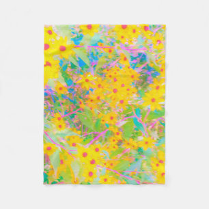 Couverture Polaire Jolie Fleurs Jaunes et Rouges avec Turquoise