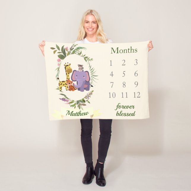 Couverture Polaire Jolie Jungle Safari Animaux Baby Boy Milestone (En situation)