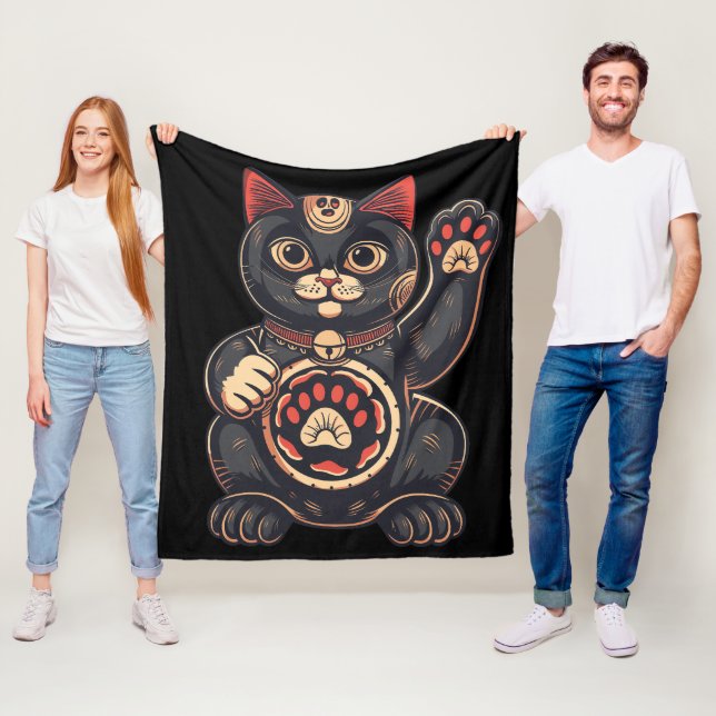 Couverture Polaire jolie Maneki Neko imprimé chat japonais (En situation)