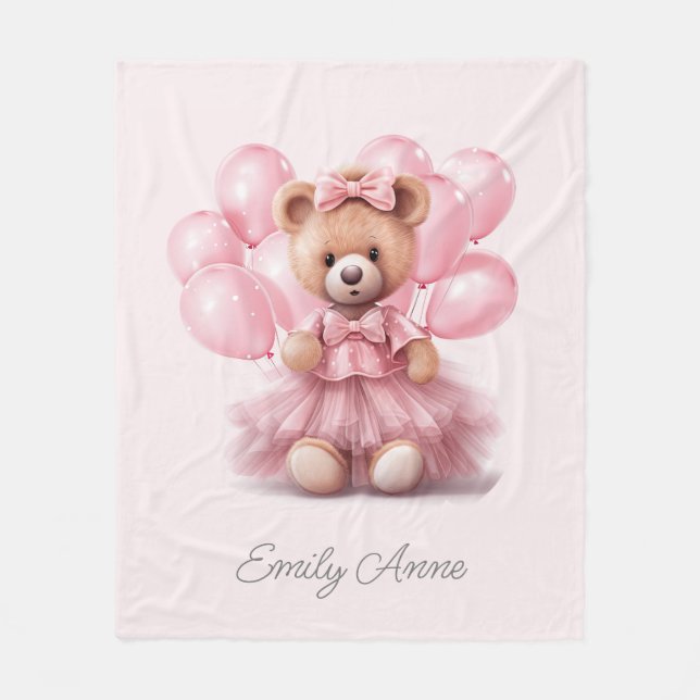 Couverture Polaire Jolis Ballons Ourson Rose au Nom de l'Enfant (Devant)