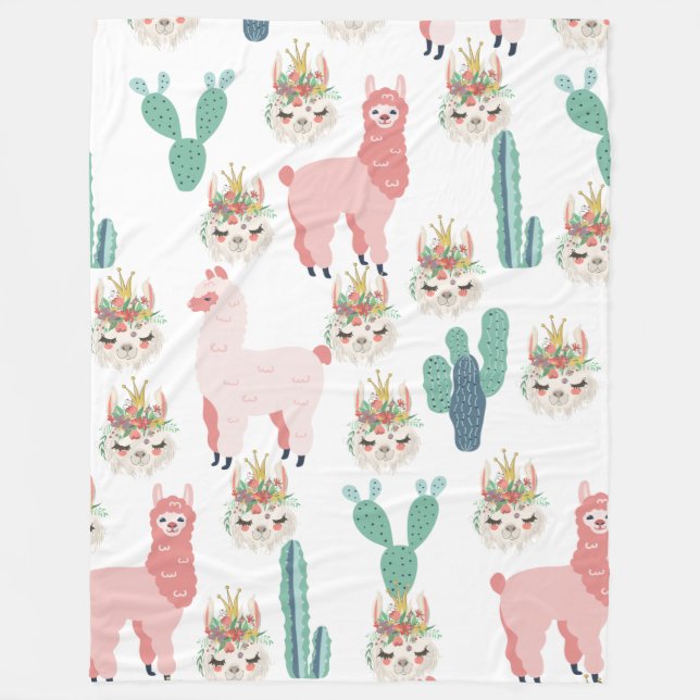 Couverture Polaire Jolis Llamas roses et Cactus vert (Devant)