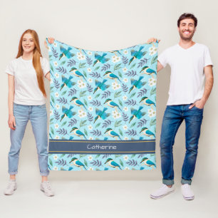 Couverture Polaire Jolis oiseaux martins-pêcheurs motif floral bleu n