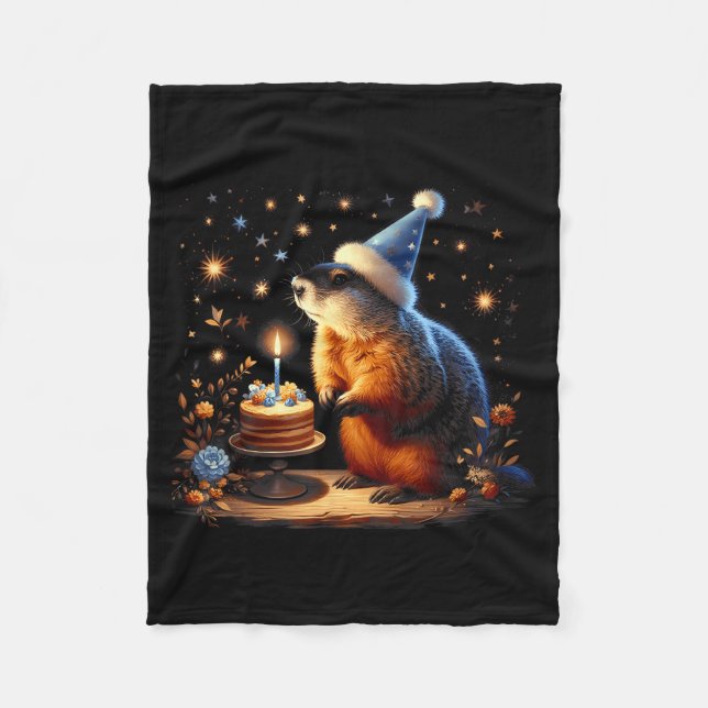 Couverture Polaire Joyeuse fête de la marmotte avec gâteau d'annivers (Devant)