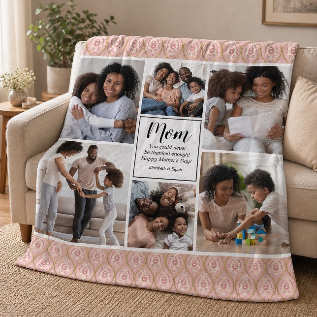Couverture Polaire Joyeuse Fête des Mères 6 collage de photos Plaid e (Personalize this pretty 6 photo Mothers day blanket with a pink and gold patterned border. )